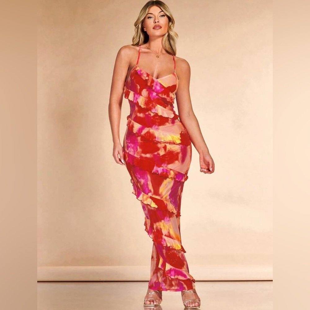 Tie Dye Ruffle Trim Crisscross Backless Ruched Side Bodycon Dress 3XL (SHEIN)